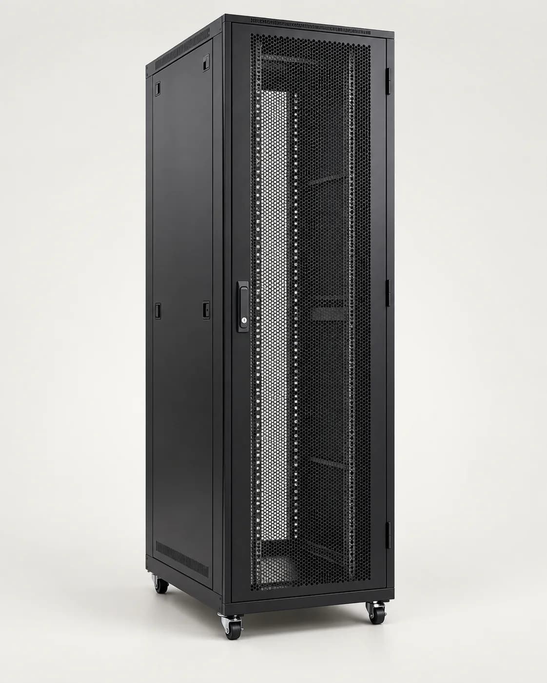 Black 42U floor-standing server rack cabinet with perforated door
