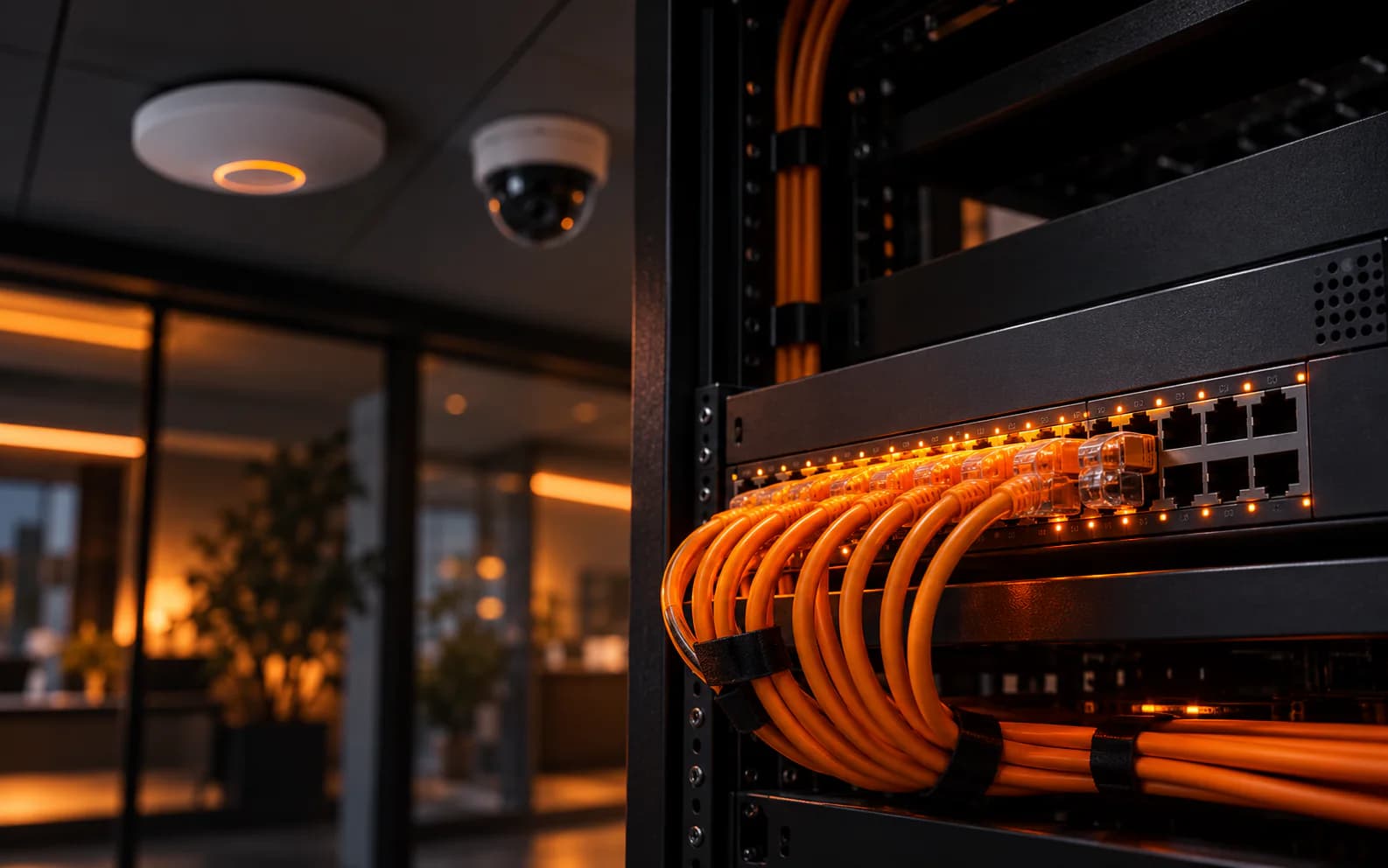 Managed PoE switch in a rack powering cameras and access points