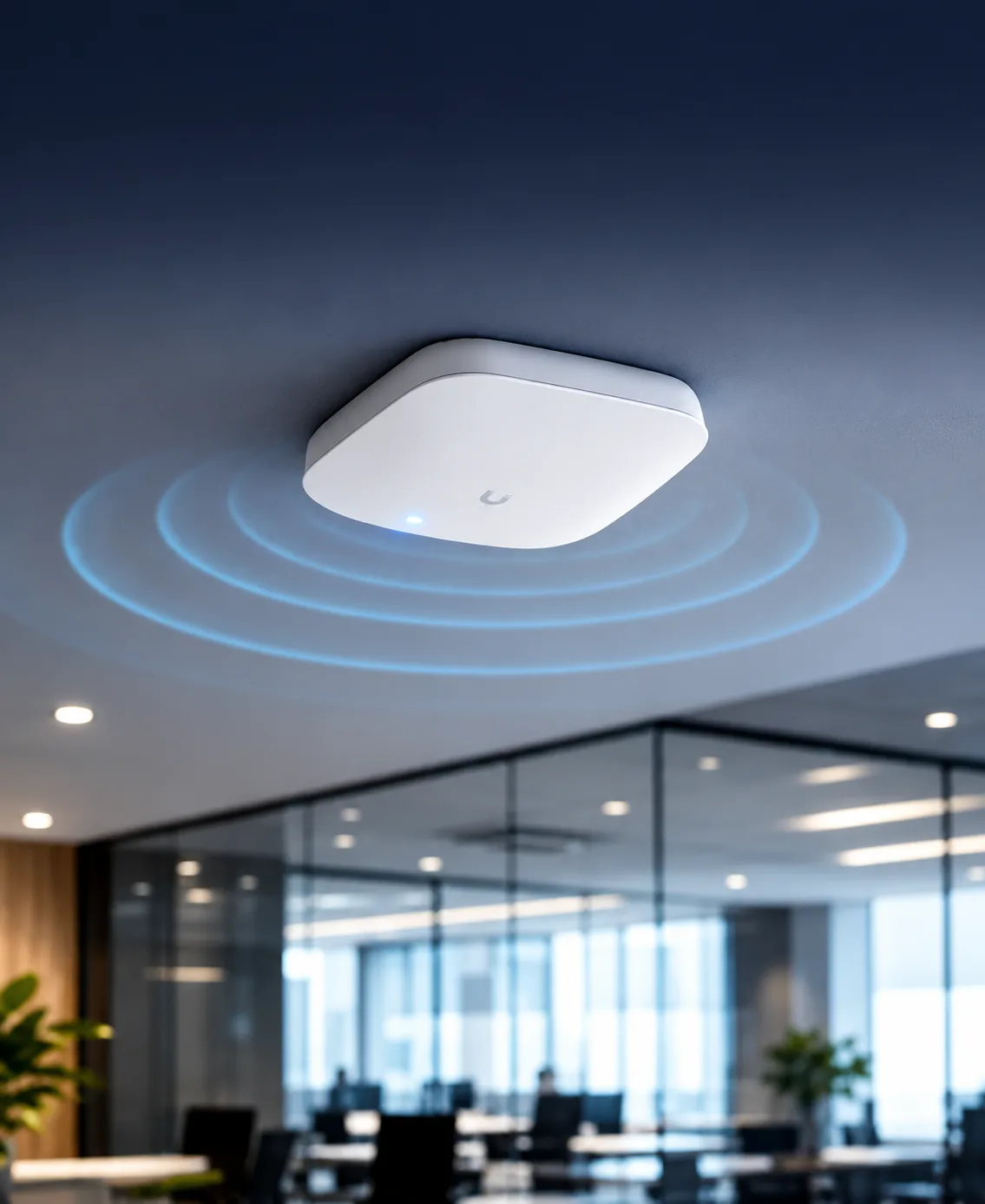 Ceiling-mounted Wi-Fi access point in a modern office