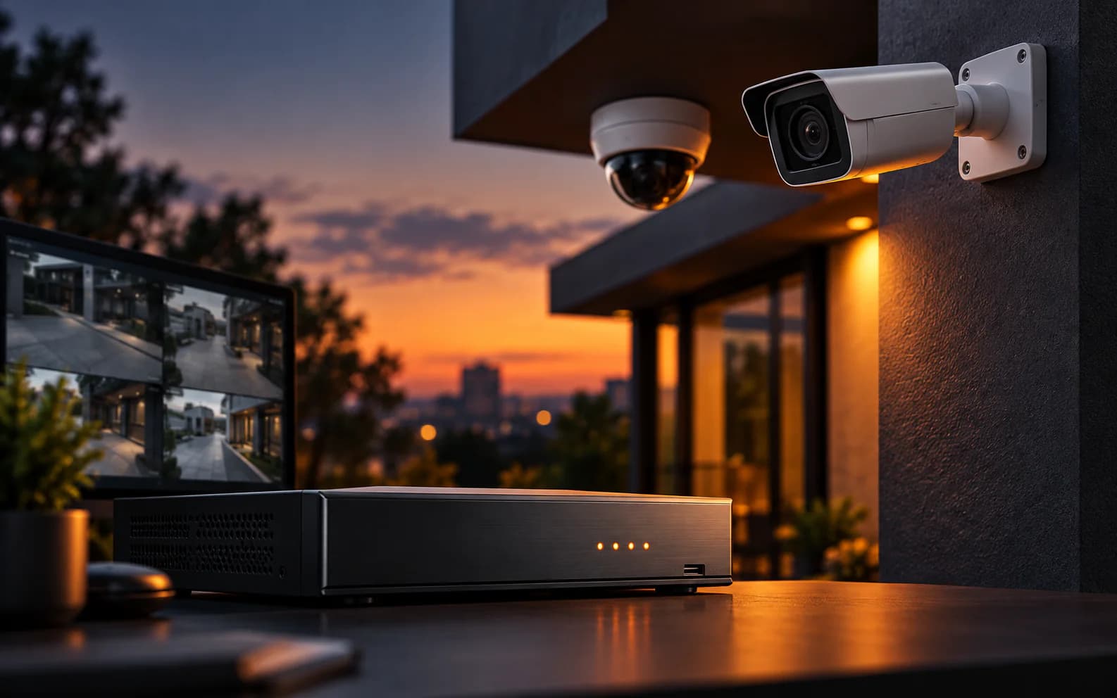 Outdoor IP bullet camera and dome camera on a building at dusk
