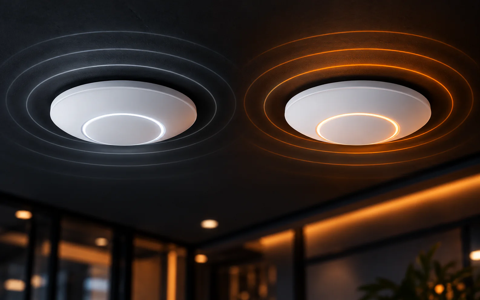 Ceiling-mounted Wi-Fi access point in a modern office