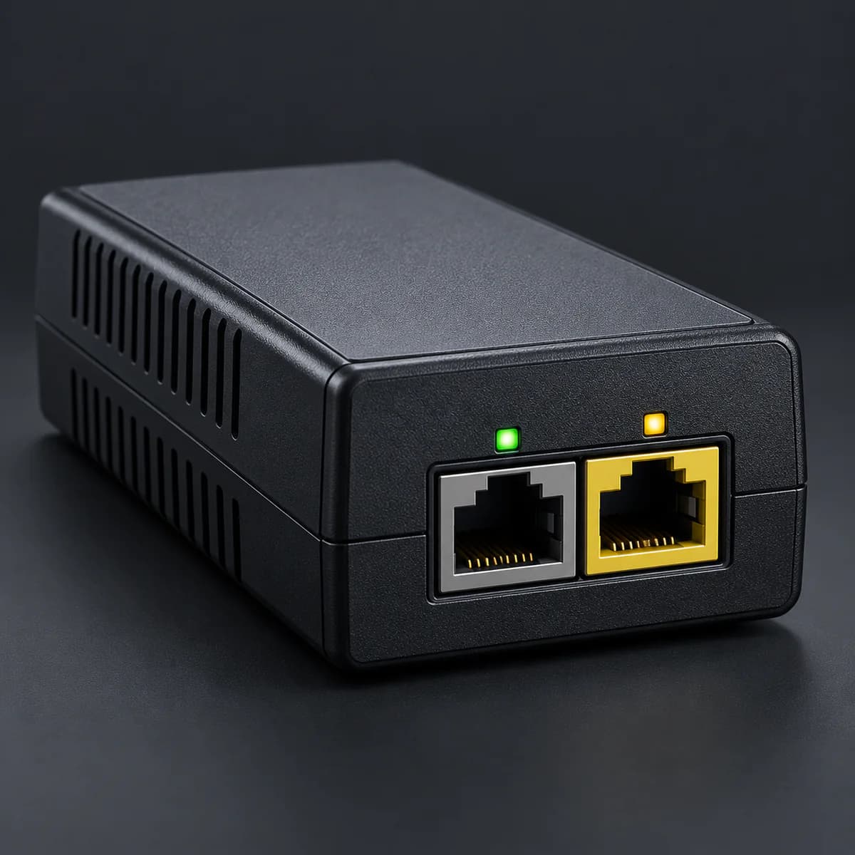Data-in and PoE-out ports of the Gigabit PoE+ injector