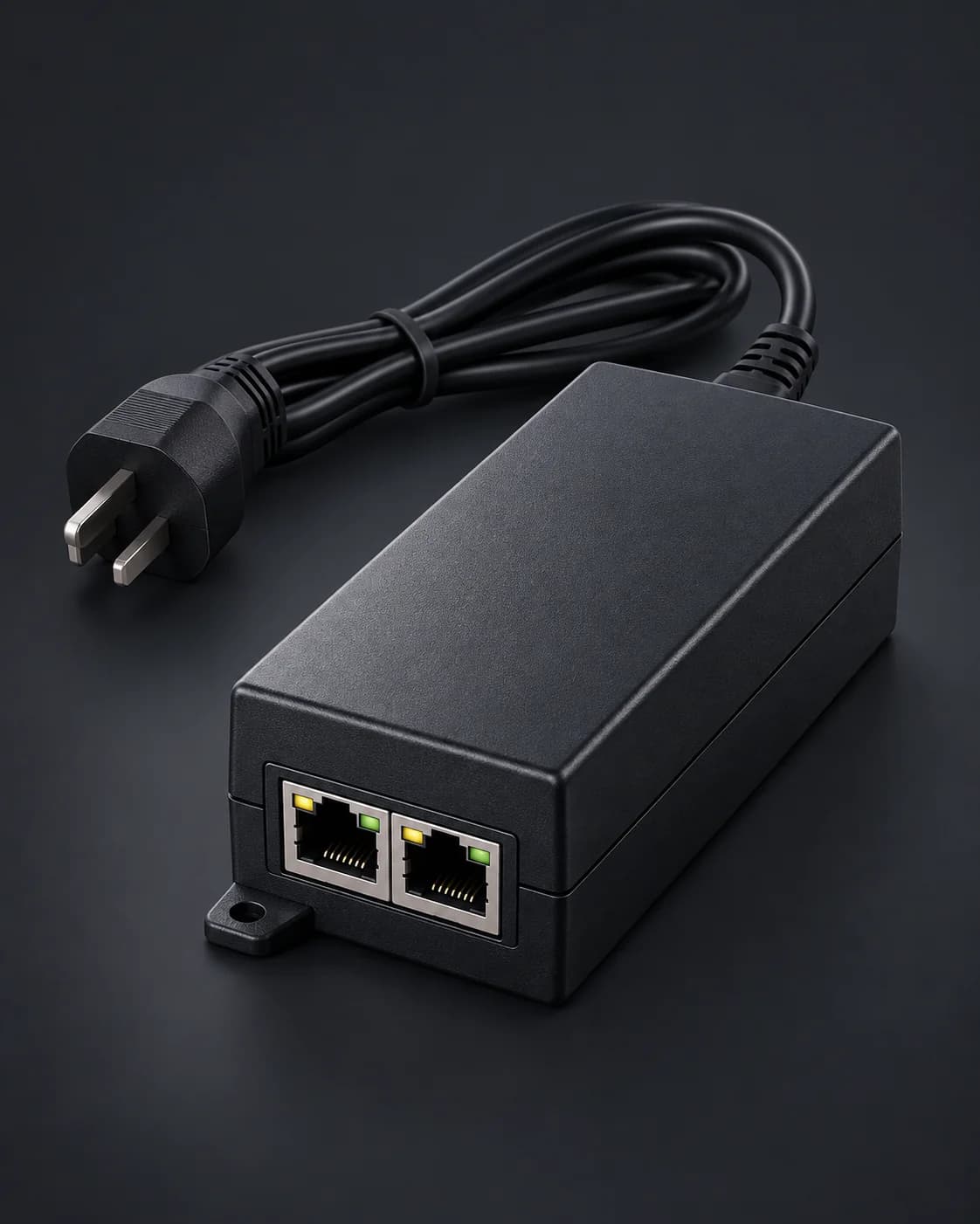 Black Gigabit PoE+ injector with power cable