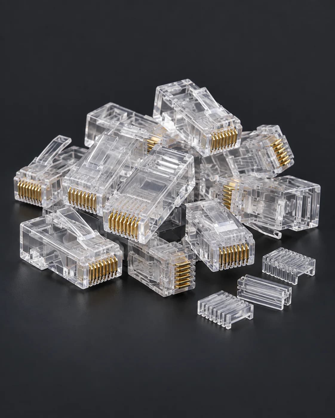 Pile of clear RJ45 Cat6 connectors